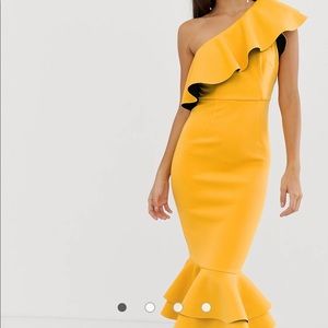 ASOS DESIGN ruffle one shoulder midi dress.